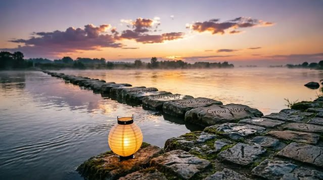 River dusk lantern bank handwritten words stones crossing path (AI-generated illustration)