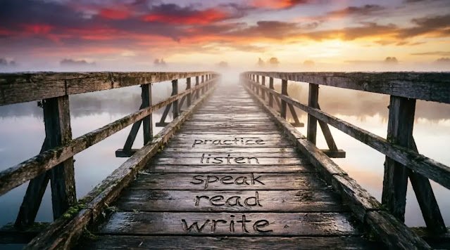 Wooden bridge dawn mist water planks handwritten word impressions (AI-generated illustration)