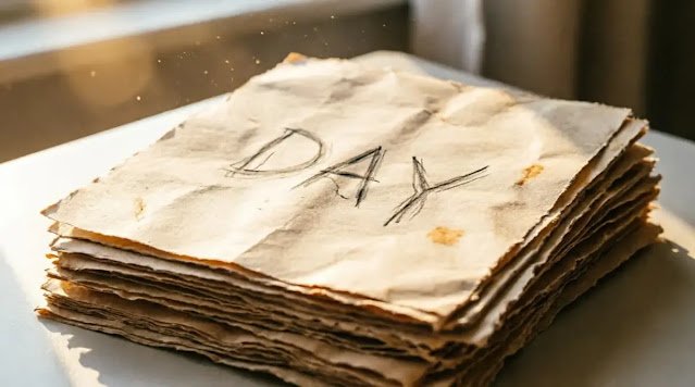 Handwritten pages pile word DAY traced top page (AI-generated illustration)