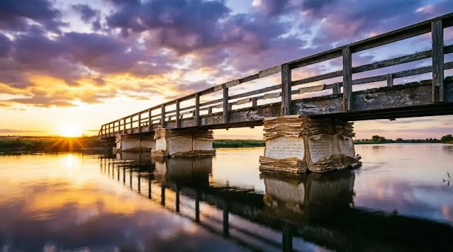 River sunset wooden bridge sentence-pages distance (AI-generated illustration)