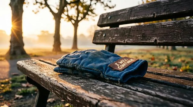 Empty park bench sunrise work glove folded sentence tag (AI-generated illustration)
