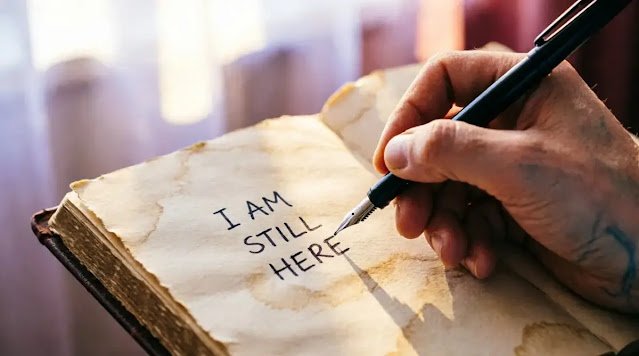 Anonymous hand writing sentence I AM STILL HERE notebook dawn (AI-generated illustration)