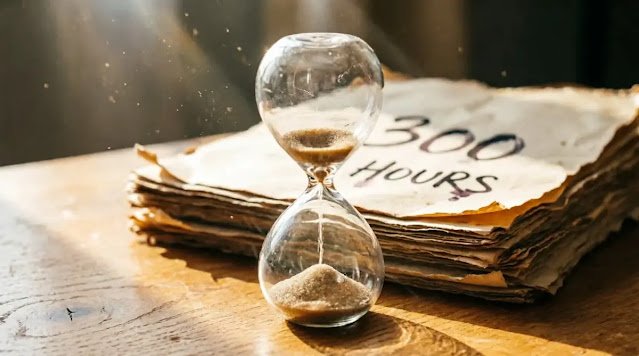 Hourglass stack tallied pages 300 hours wooden table (AI-generated illustration)