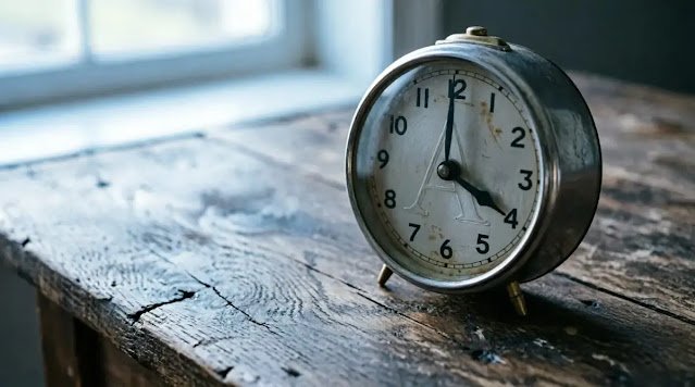 Vintage alarm clock 4 AM wooden table letter A etched (AI-generated illustration)