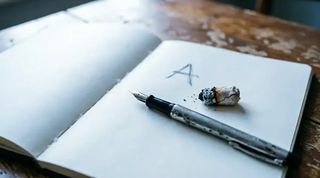 Open notebook blank pages cold ember letter A pencil (AI-generated illustration)