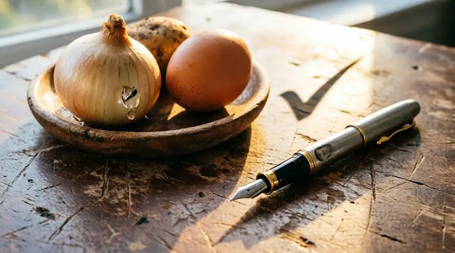 Brushed steel pen with mature ink patina beside onion potato egg plate at golden light. (AI-generated illustration)