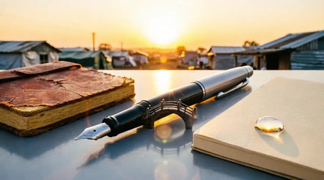 Brushed steel pen with legacy ink patina between old worn and new blank notebooks at sunrise. (AI-generated illustration)