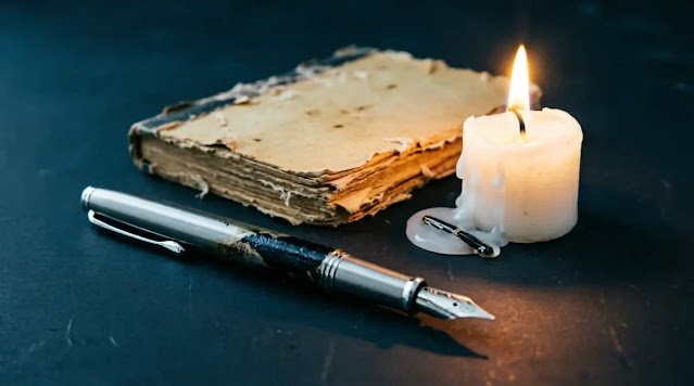 Brushed steel pen with deep ink patina beside archived notebooks and candle at candlelight. (AI-generated illustration)