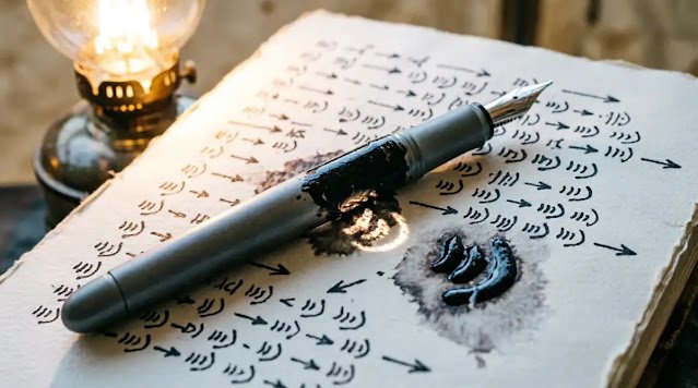 Brushed steel pen with developed ink stain on densely filled phonetic notebook under oil lamp. (AI-generated illustration)