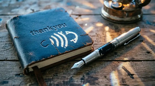 Brushed steel pen with rich ink patina beside thank you notebook at oil lamp light. (AI-generated illustration)