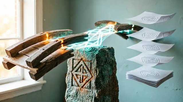 Geometric-pattern projecting stone, auto-connecting bridge, pattern-forming pages(AI-generated illustration)