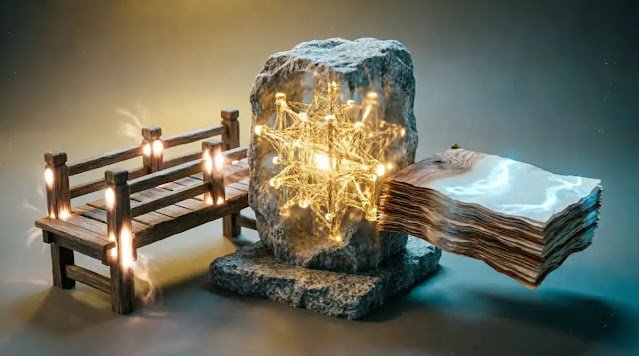 Translucent foundation stone, glowing bridge joints, fused page-structure(AI-generated illustration)