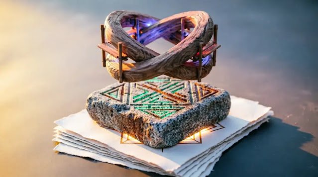 Anchored foundation stone with geometric patterns, impossible loop scaffolding, accumulating glow pages(AI-generated illustration)