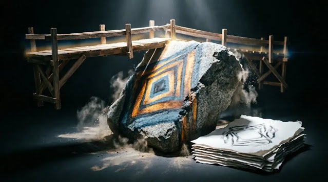 Settling stone with geometric glow patterns, impossibly connecting scaffolding, invisible-to-visible pages(AI-generated illustration)