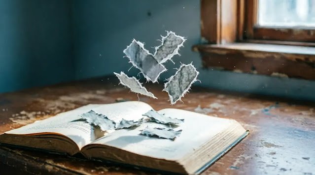 Floating paper fragments above book, desk, window light, suspension(AI-generated illustration)