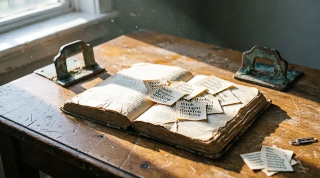 Weathered book, word cards on pages, rusty bookends, desk, warm window light(AI-generated illustration)