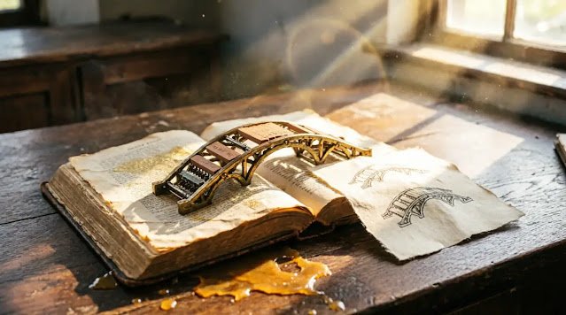 Bridge model on book, paper sketch, golden spill, desk, warm window light(AI-generated illustration)
