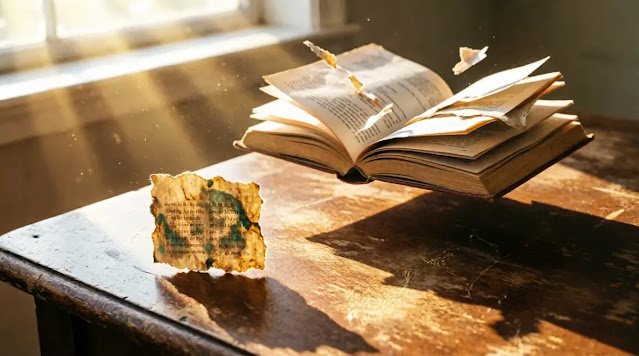 Floating book above desk, torn paper upright, golden sunlight, dust, lifting pages(AI-generated illustration)