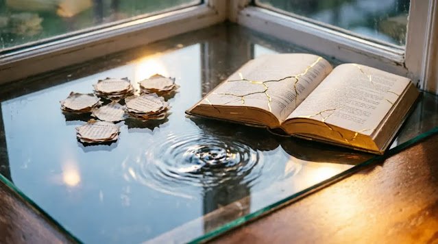 Book with golden cracks, paper circles, glass, water ripples, warm light(AI-generated illustration)