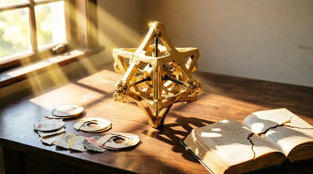 Golden star structure, paper circles, cracked book, desk, window light, warm(AI-generated illustration)