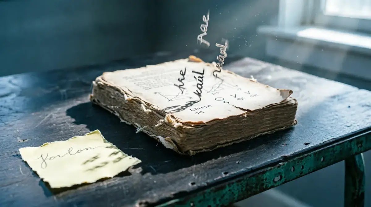 Cracked textbook on rusty brackets, torn papers, desk, window light, dust, cool blue(AI-generated illustration)