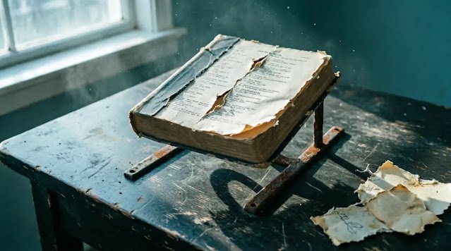 Cracked textbook, rusty brackets, torn papers, desk, window light, blue tones(AI-generated illustration)