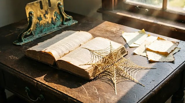 Book with golden web, rusty bookend, paper notes, desk, warm window light(AI-generated illustration)
