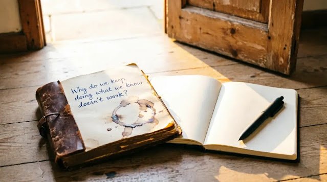Two coffee-stained notebooks, old with question handwritten, new blank, open door morning light(AI-generated illustration)