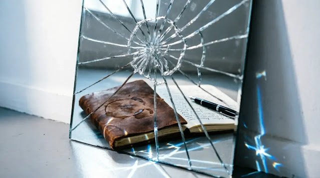Coffee-stained notebook in cracked mirror reflection, fractured light beams, pen visible(AI-generated illustration)