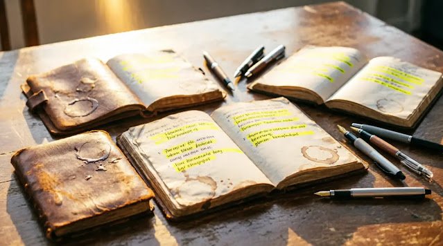 Multiple coffee-stained notebooks side by side, yellow highlight building together visible(AI-generated illustration)