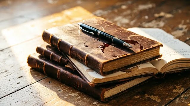 Five coffee-stained notebooks stacked heavy wear, pen on top, warm afternoon light(AI-generated illustration)
