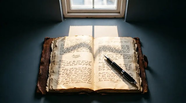 Coffee-stained notebook overhead view, window reflection geometric light, pen active(AI-generated illustration)