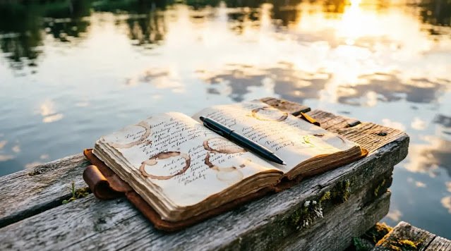 Coffee-stained notebook on river dock, dense pages, pen active, golden sunset water(AI-generated illustration)
