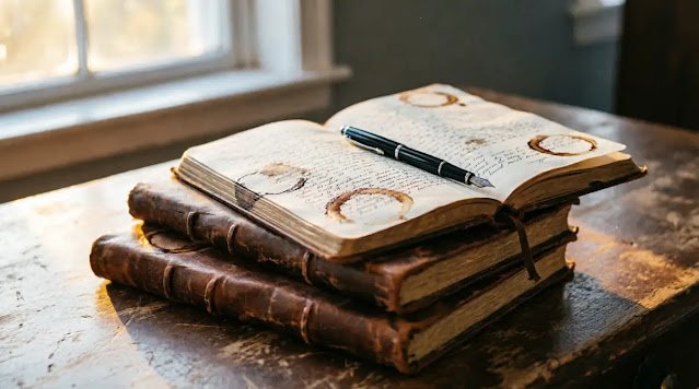 Three coffee-stained notebooks stacked, dense pages, pen resting, morning amber light(AI-generated illustration)