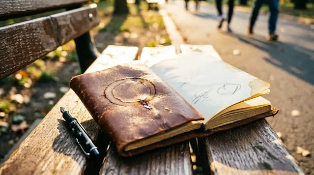 Coffee-stained notebook first marks on bench, dry pen, blurred path background (AI-generated illustration)