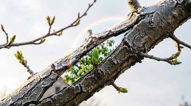 Frosty tree branch with spring bloom buds and rainbow light arc (AI-generated illustration)