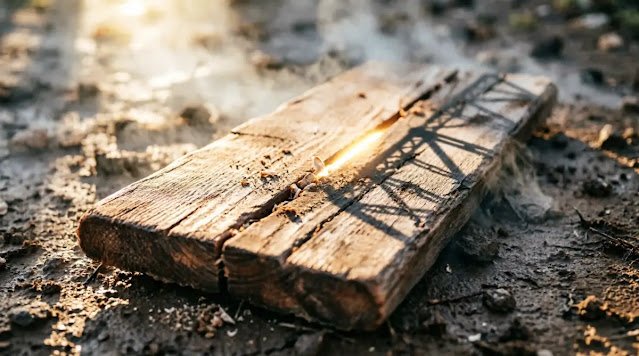 Weathered wooden plank on ground with bright golden light glowing from seam (AI-generated illustration)