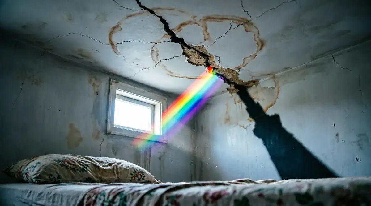 Cracked ceiling above bed with rainbow light beam through fracture (AI-generated illustration)