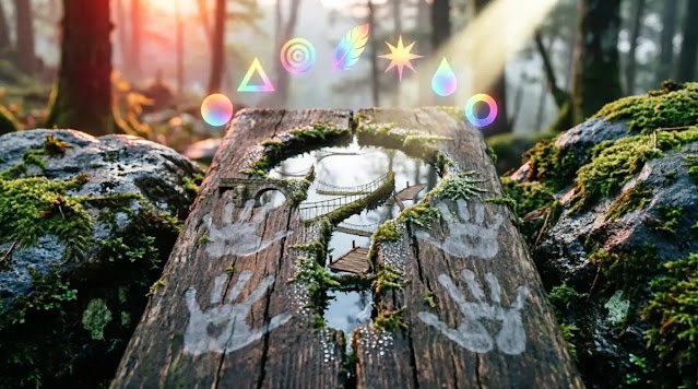 Mossy wooden plank with question-mark crack, handprint traces, and bright light (AI-generated illustration)
