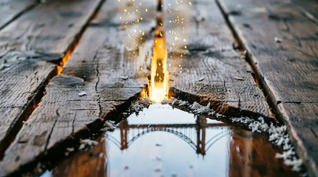 Wooden plank gap with bright light and bridge reflection visible in water below (AI-generated illustration)