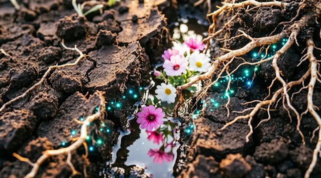 Dark soil fissure with exposed roots, blooming flowers, and water reflection (AI-generated illustration)
