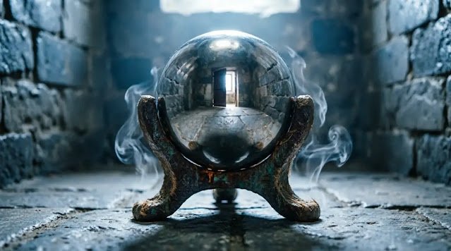 Rusty iron bracket polished sphere reflection open doorway (AI-generated illustration)