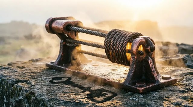 Cast-iron bracket rope stone plateau mist amber glow (AI-generated illustration)