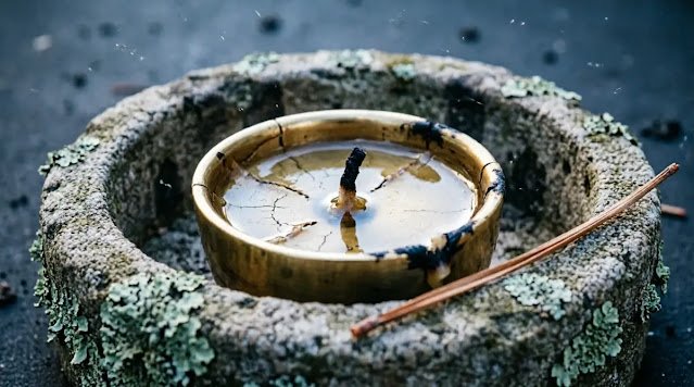 Brass votive with charred wick inside stone windbreak, reflection shows two holders. (AI-generated illustration)