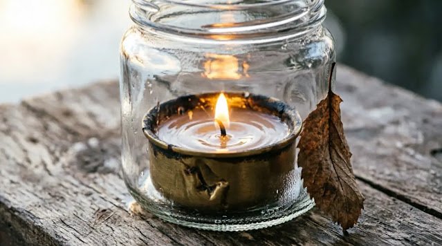 Brass votive with steady flame inside glass jar, frost outside, dry inside. (AI-generated illustration)