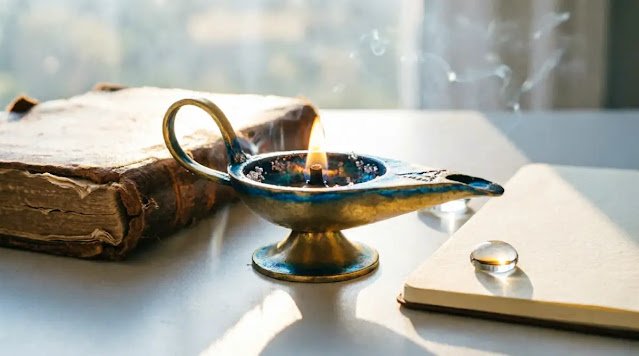 Brass votive with tiny flame between old ledger and new notebook at dawn, light projects bridge. (AI-generated illustration)