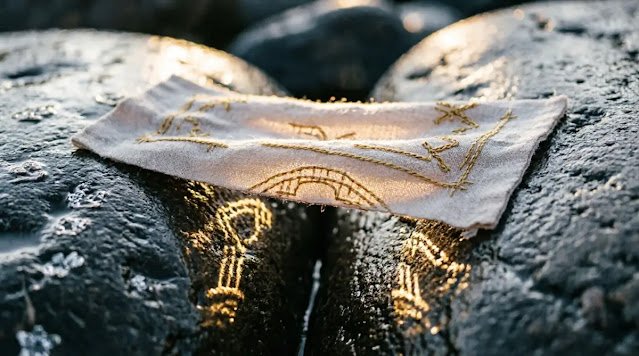 Woven cotton square with golden stitch bridging gap between stones at twilight. (AI-generated illustration)
