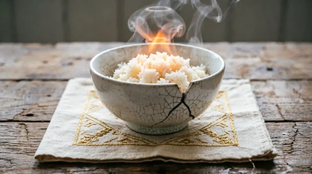Woven cotton square with golden embroidery under cracked bowl with rice. (AI-generated illustration)