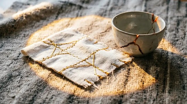Woven cotton square with golden stitches mended on blanket beside cracked bowl at sunrise. (AI-generated illustration)