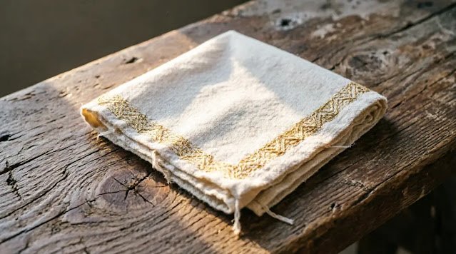 Woven cotton square with golden stitch perfectly folded on worn wooden bench. (AI-generated illustration)